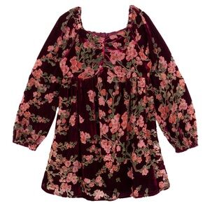 Elegant Floral Kids Dress in Burgundy Velvet